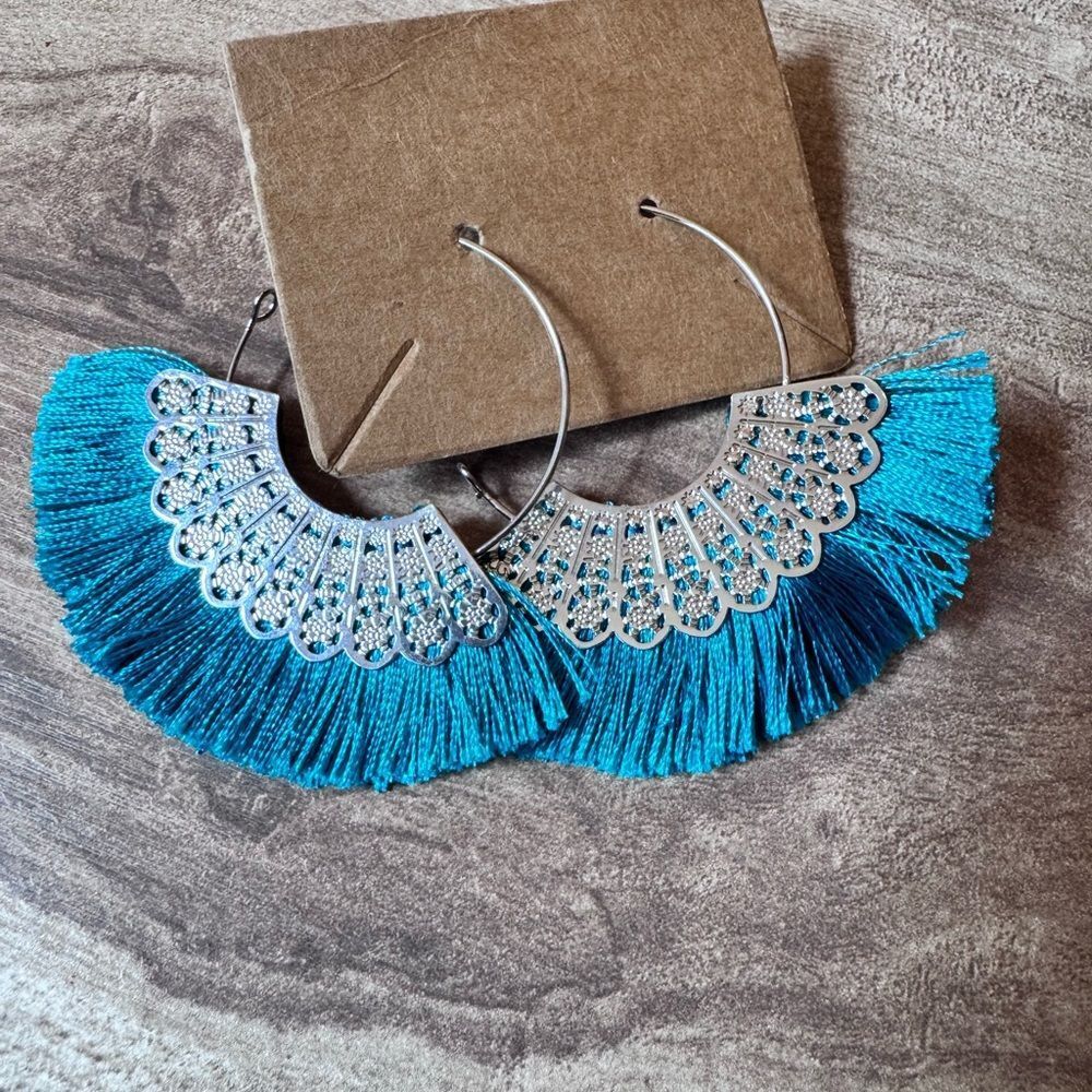 Tassel Fashion Earrings Silver Tone Hoop Tassel Hippie Boho NEW Festival